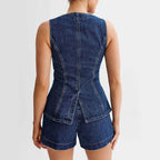 Ensemble short et top gilet boutonnés sans manches en jean pour femme, vêtement décontracté d'été