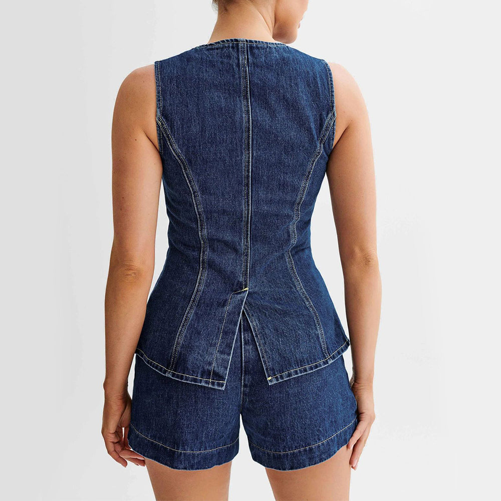 Ensemble short et top gilet boutonnés sans manches en jean pour femme, vêtement décontracté d'été