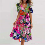 Robe d'été évasée à fleurs imprimées et col en V, à manches courtes pour femme