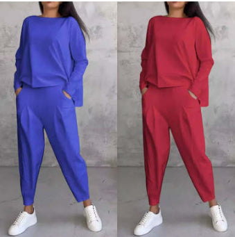 Ensemble tailleur irrégulier femme - Haut à manches longues et col rond et pantalon sarouel ample avec poches - Vêtements pour femmes style Ins