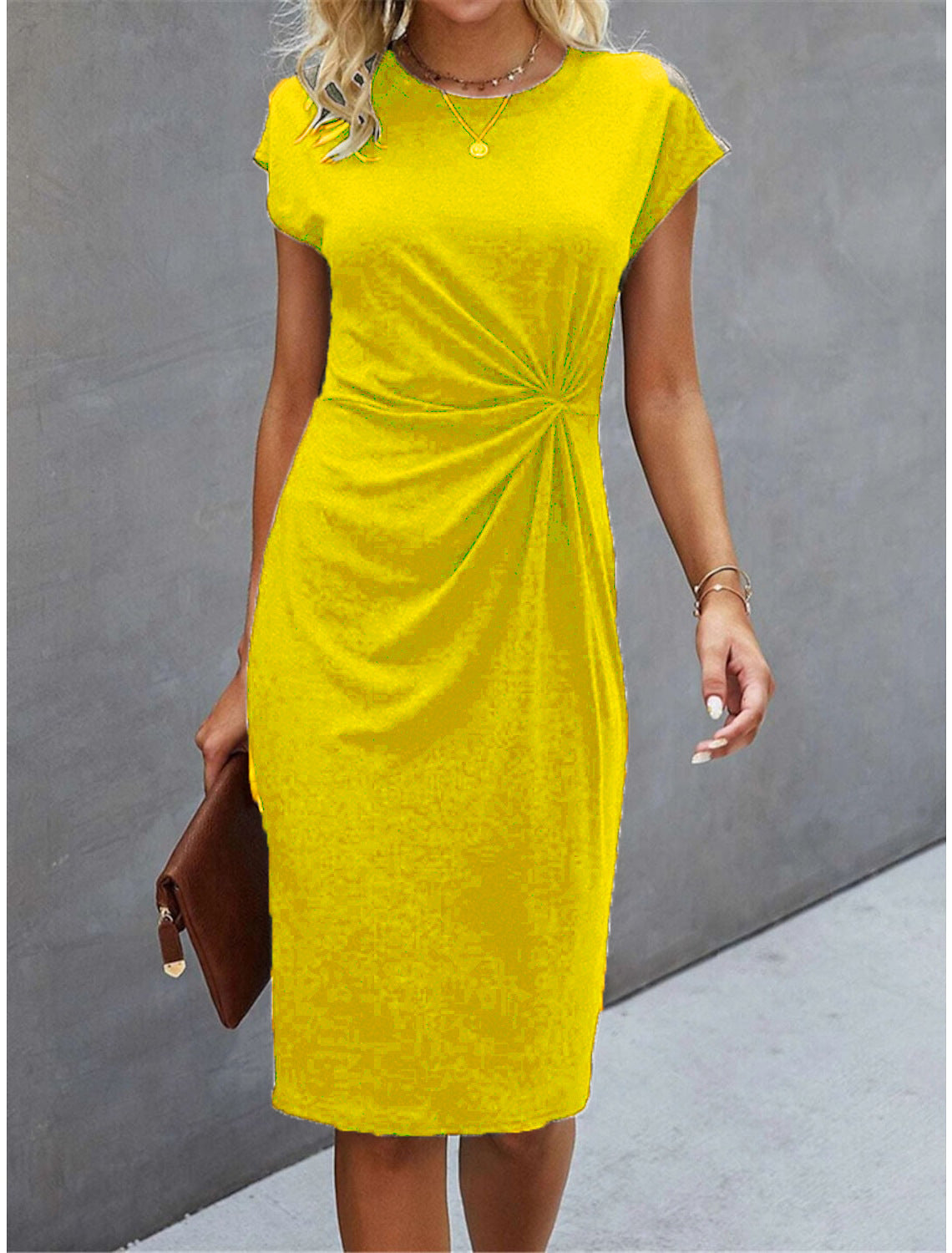 Robe mi-longue décontractée à col rond avec nœud sur le devant pour femme
