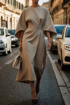 Robe Ample à Manches Chauve-souris, Taille Cintrée, Couleur Unie, Robes Élégantes pour Femme
