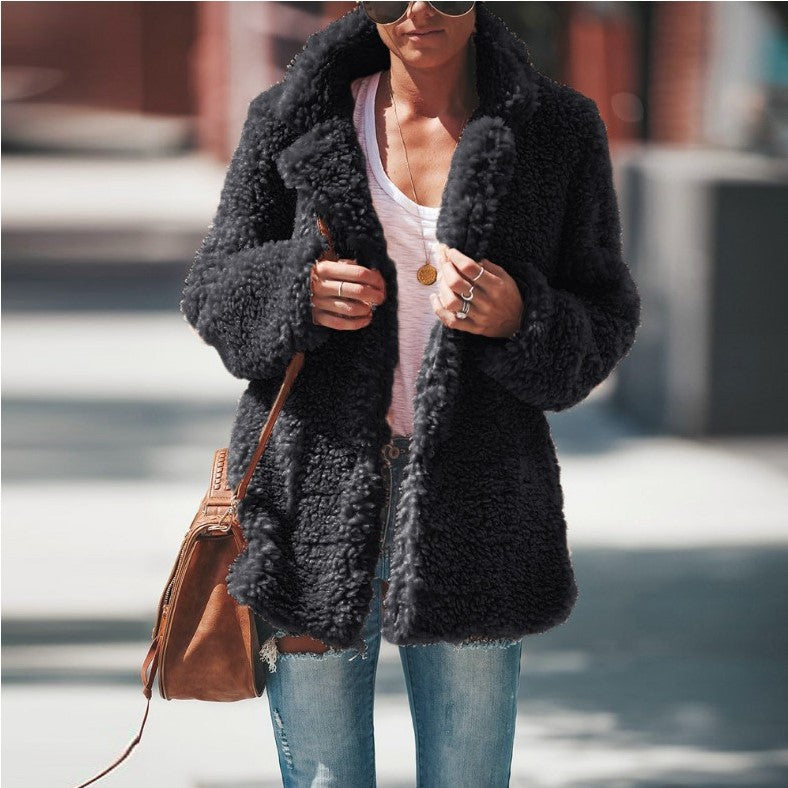 Manteau Femme Hiver à Revers Manches Longues en Fausse Fourrure Moelleuse