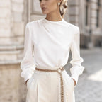 Chemisier plissé à col montant et manches lanternes pour femme, style simple et élégant