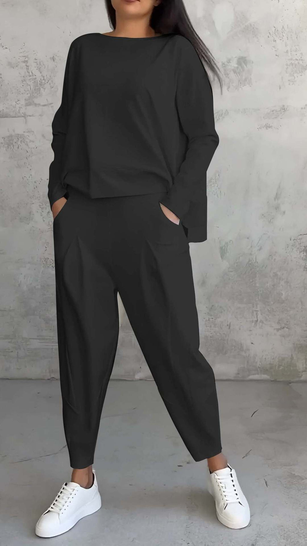 Ensemble tailleur irrégulier femme - Haut à manches longues et col rond et pantalon sarouel ample avec poches - Vêtements pour femmes style Ins