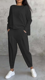 Ensemble tailleur irrégulier femme - Haut à manches longues et col rond et pantalon sarouel ample avec poches - Vêtements pour femmes style Ins
