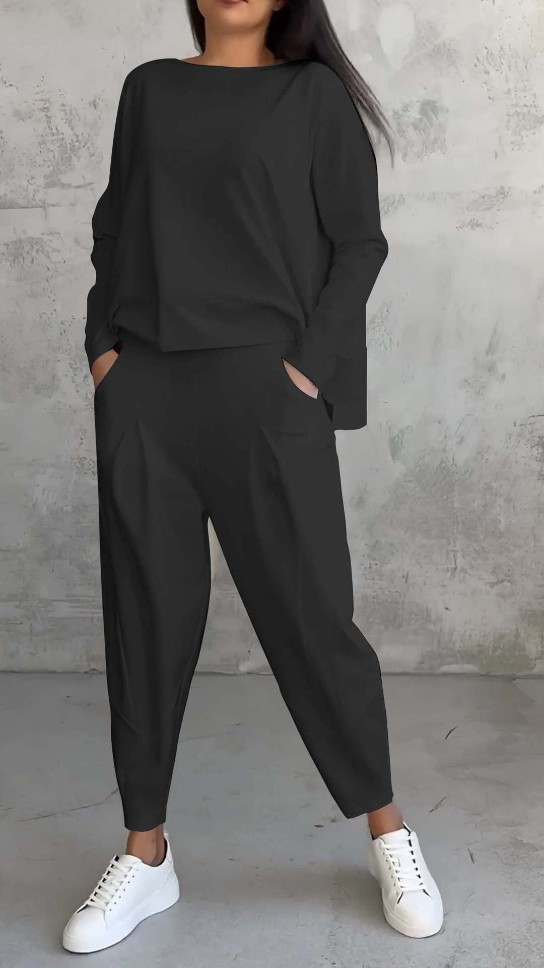 Ensemble tailleur irrégulier femme - Haut à manches longues et col rond et pantalon sarouel ample avec poches - Vêtements pour femmes style Ins