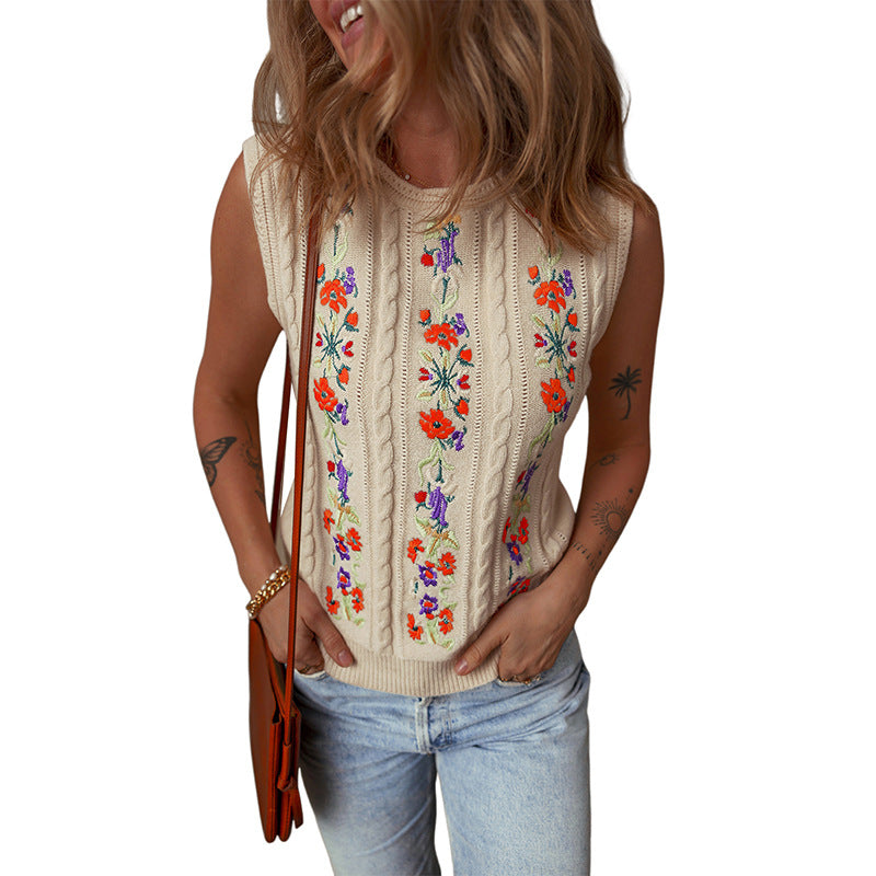 Gilet en tricot brodé floral mode pour femmes Nouveau gilet sans manches rétro Niche pour femmes