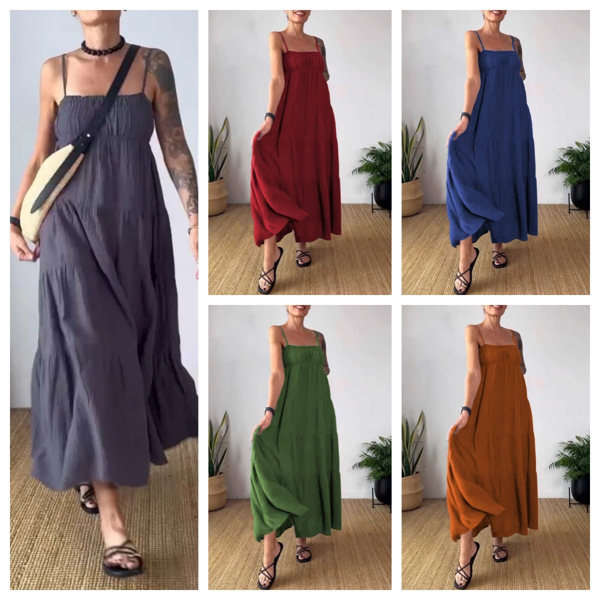 Robe plissée à bretelles et bustier unie décontractée pour femme