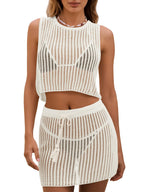 Fisoew Womens 2 Piece Crochet Sets Sleeveless Crop Tops Cover Up Beach Mini Skirt Outfits Vacation Sets