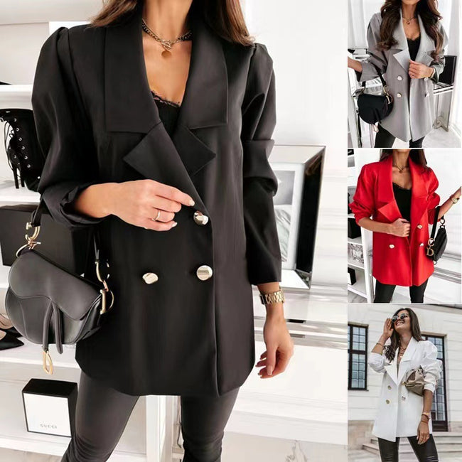 Veste de blazer à double boutonnage, décontractée, avec revers, pour femme, pour le bureau, à boutons Hover Image