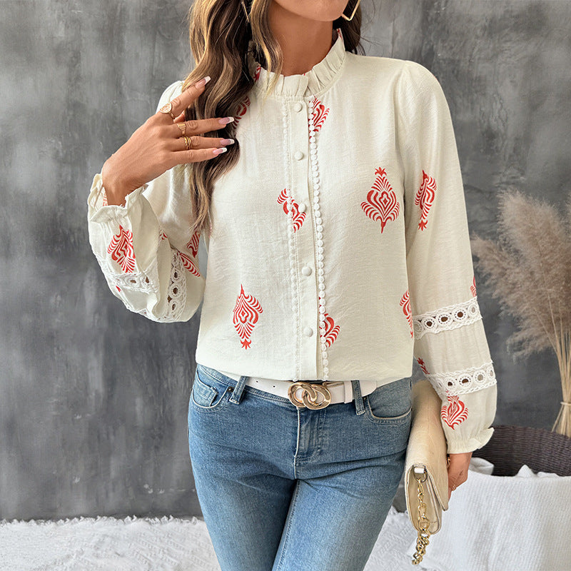 Chemise à Col Montant Imprimé Ethnique Pour Femme