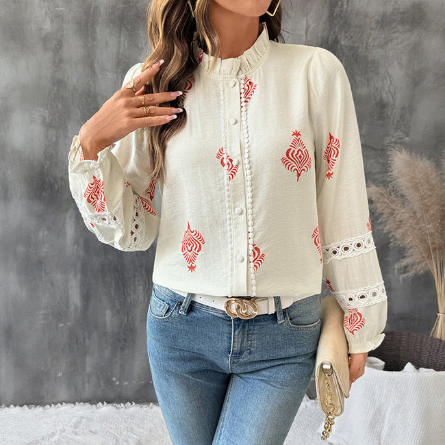 Chemise à Col Montant Imprimé Ethnique Pour Femme Main Image