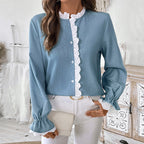 Gilet simple boutonnage Col dentelle Chemise bleue pour femme