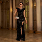Sleeveless Round Neck Sequins Slim Fit Slit Evening Gown