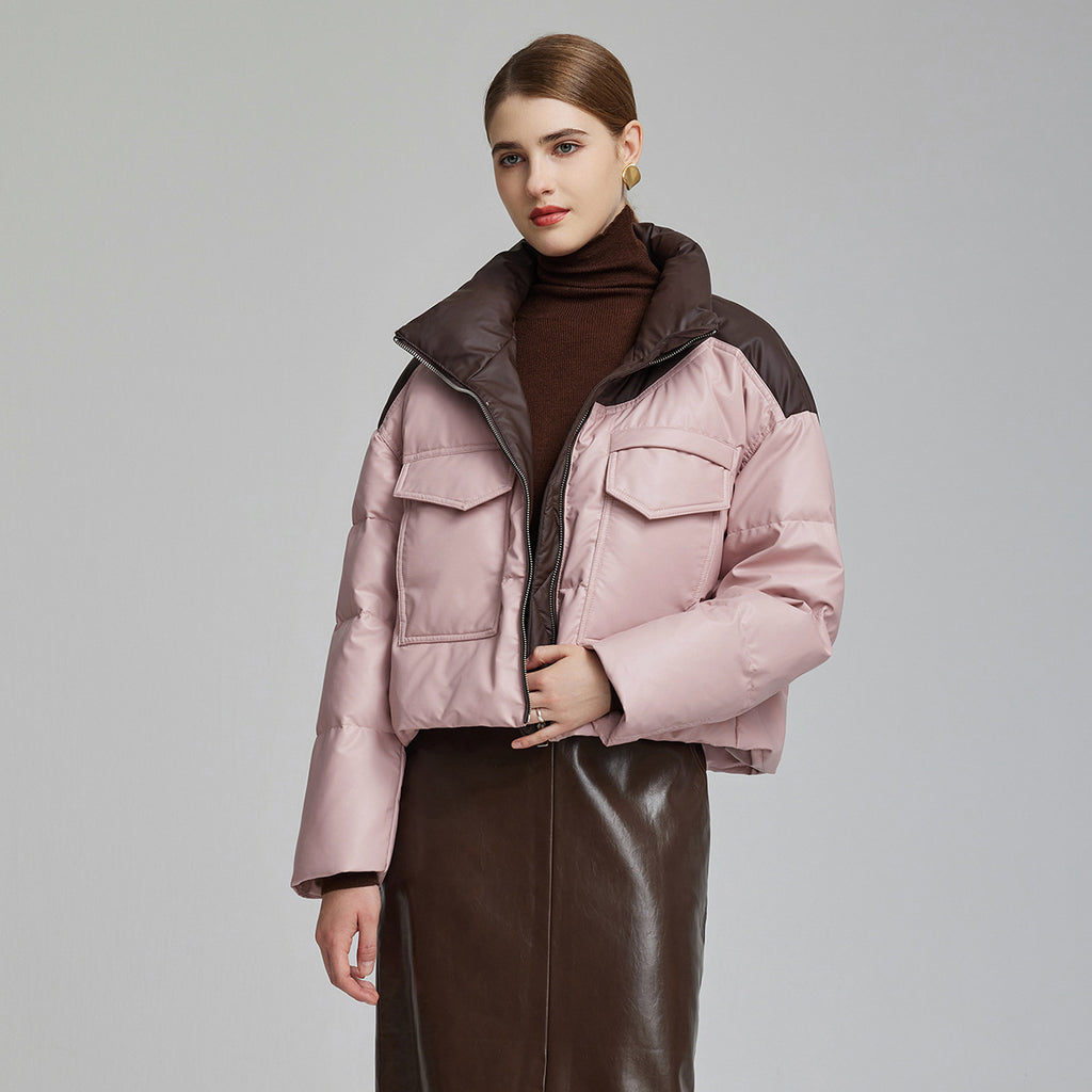 Manteau court ample en cuir rembourré de coton pour femme