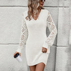 Nouvelle Robe Tricotée Col en V Mode Couleur Unie Creuse Robe Pull Manches Longues Vêtements pour Femmes