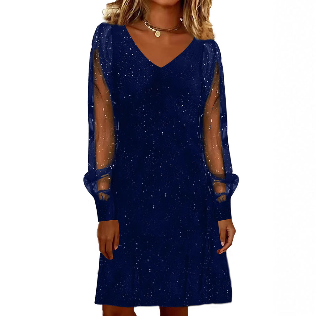 Robe élégante pour femme Col en V Manches en maille brillantes et lumineuses Mini-robes pour femmes Robe de soirée noire d'automne et d'hiver