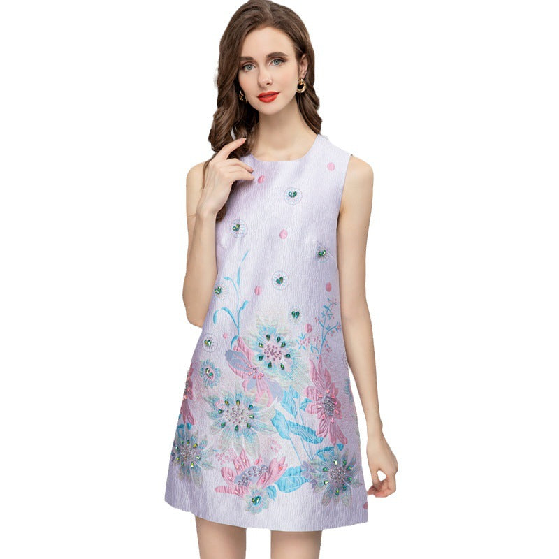 Robe courte sans manches en jacquard imprimé pour femme