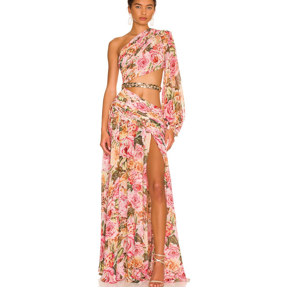 Robe moulante fendue asymétrique à manches longues bouffantes, motif floral ajouré
