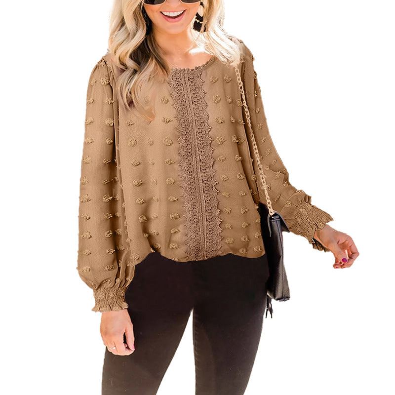 Chemisier Femme en Mousseline Jacquard Col Rond Manches Longues Lanterne