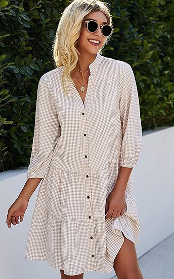 Robe à carreaux imprimée à volants, col en V, boutonnée, manches trois-quarts pour femme