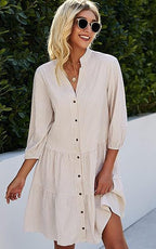 Robe à carreaux imprimée à volants, col en V, boutonnée, manches trois-quarts pour femme