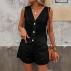 Ensemble short décontracté femme, gilet uni col V et boutonnage