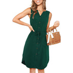 Robe Sans Manches Col V Boutonnée Avec Poches Robe D'été Décontractée À La Mode Avec Nœud À La Taille Vêtements Pour Femmes