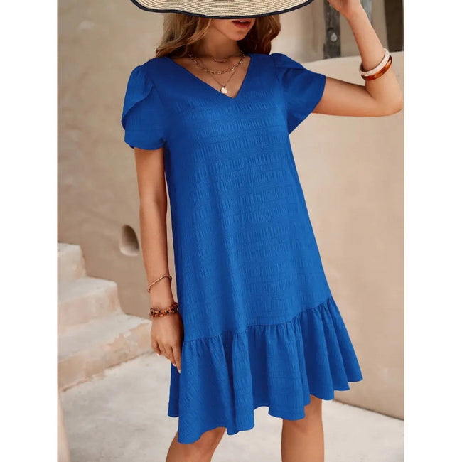Robe décontractée ample à manches courtes et col en V de couleur unie Main Image