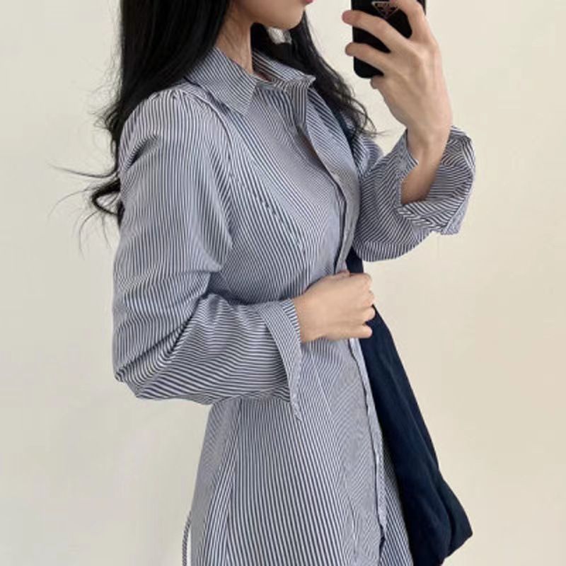Robe chemise à rayures à manches longues boutonnée pour femme