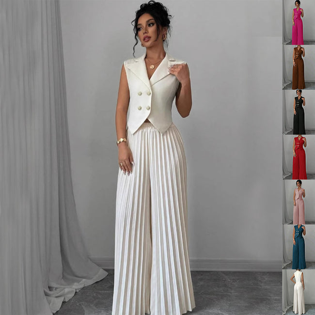 Ensemble de vêtements d'été sans manches pour femmes, avec veste à revers boutonnée et pantalon plissé droit. Hover Image