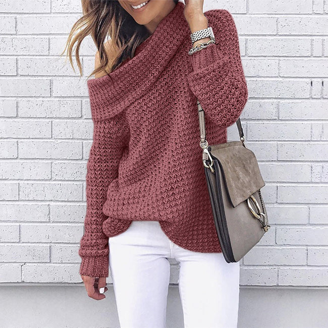 Pull d'automne épaules dénudées pour femmes, pull tricoté chaud d'hiver, pull ample à manches longues pour femmes Main Image