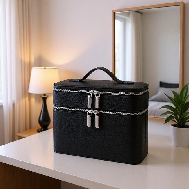 Nouveau sac de maquillage portable en PU double couche grande capacité Hover Image