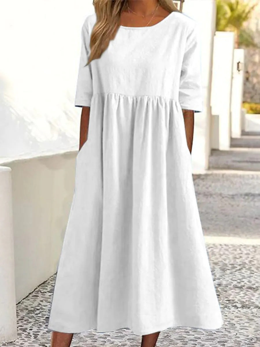 Robe décontractée en coton et lin à manches courtes et poches pour femme