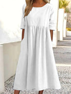 Robe décontractée en coton et lin à manches courtes et poches pour femme