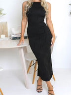Robe longue femme froncée sans manches coupe ajustée