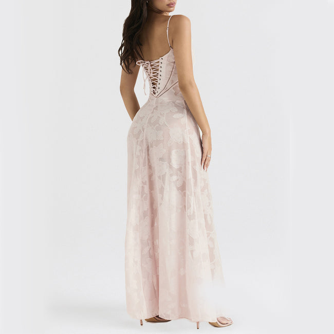 Robe Bretelles en Dentelle Florale Sexy, Mode Été, Robes Longues Slim à Lacets au Dos, Tenue de Soirée Club pour Femme Main Image