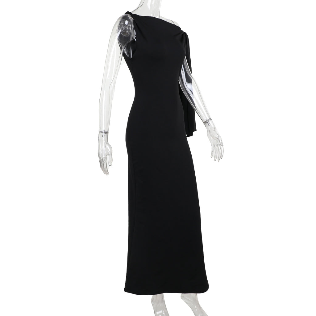 Robe longue à ruban asymétrique Ins, robe sans manches moulante pour soirée et club pour femmes