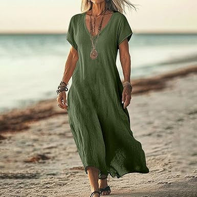 Robe ample unie en coton et lin à col en V