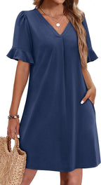 Robe élégante à col en V à volants pour femme avec poches