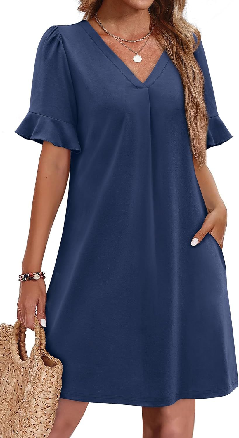 Robe élégante à col en V à volants pour femme avec poches