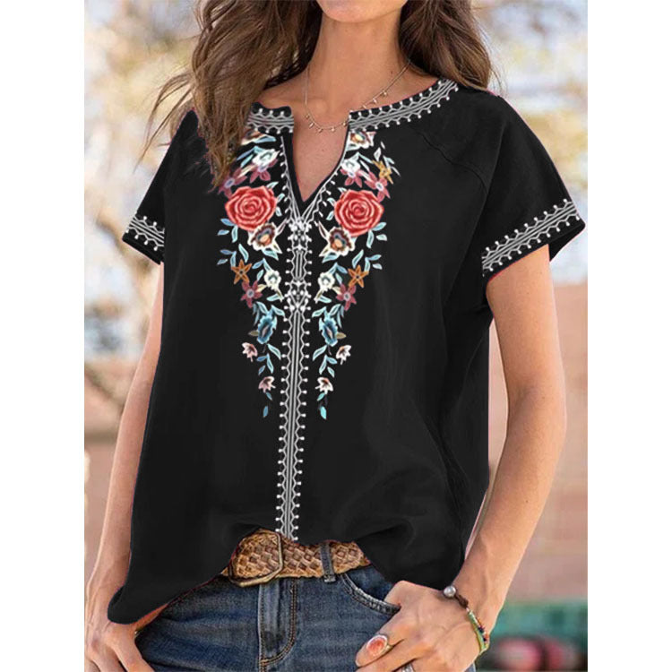 Haut T-shirt femme d'été à manches courtes imprimé ethnique
