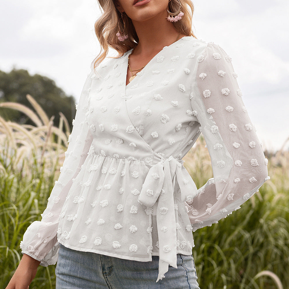 Chemisier femme à manches longues et col en V en dentelle jacquard