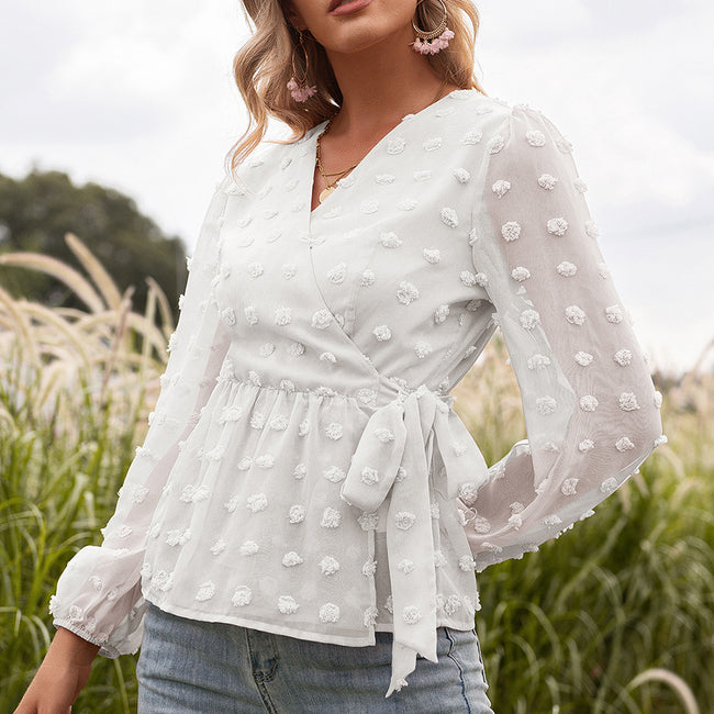 Chemisier femme à manches longues et col en V en dentelle jacquard Hover Image