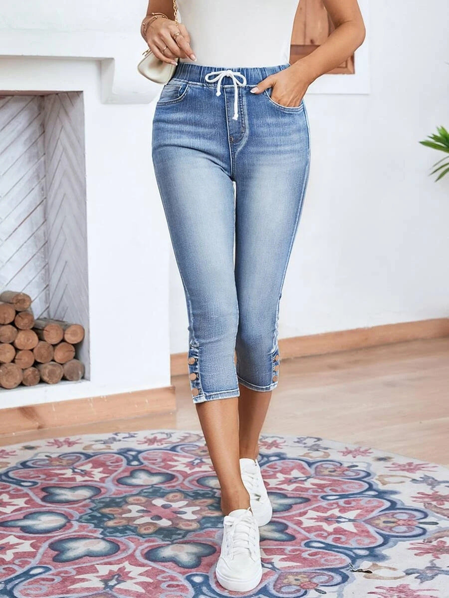 Jeans stretch femme à lacets et taille élastique