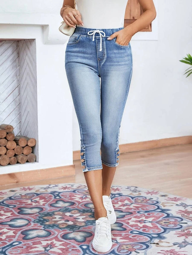Jeans stretch femme à lacets et taille élastique Main Image