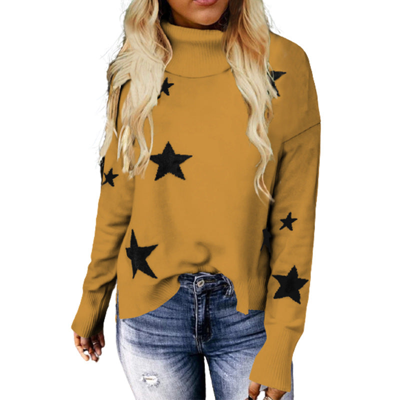 Pull tricoté pour femme, motif XINGX, col roulé, manches longues