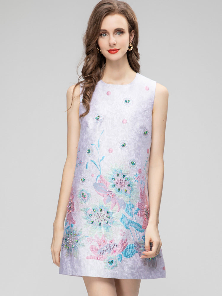 Robe courte sans manches en jacquard imprimé pour femme