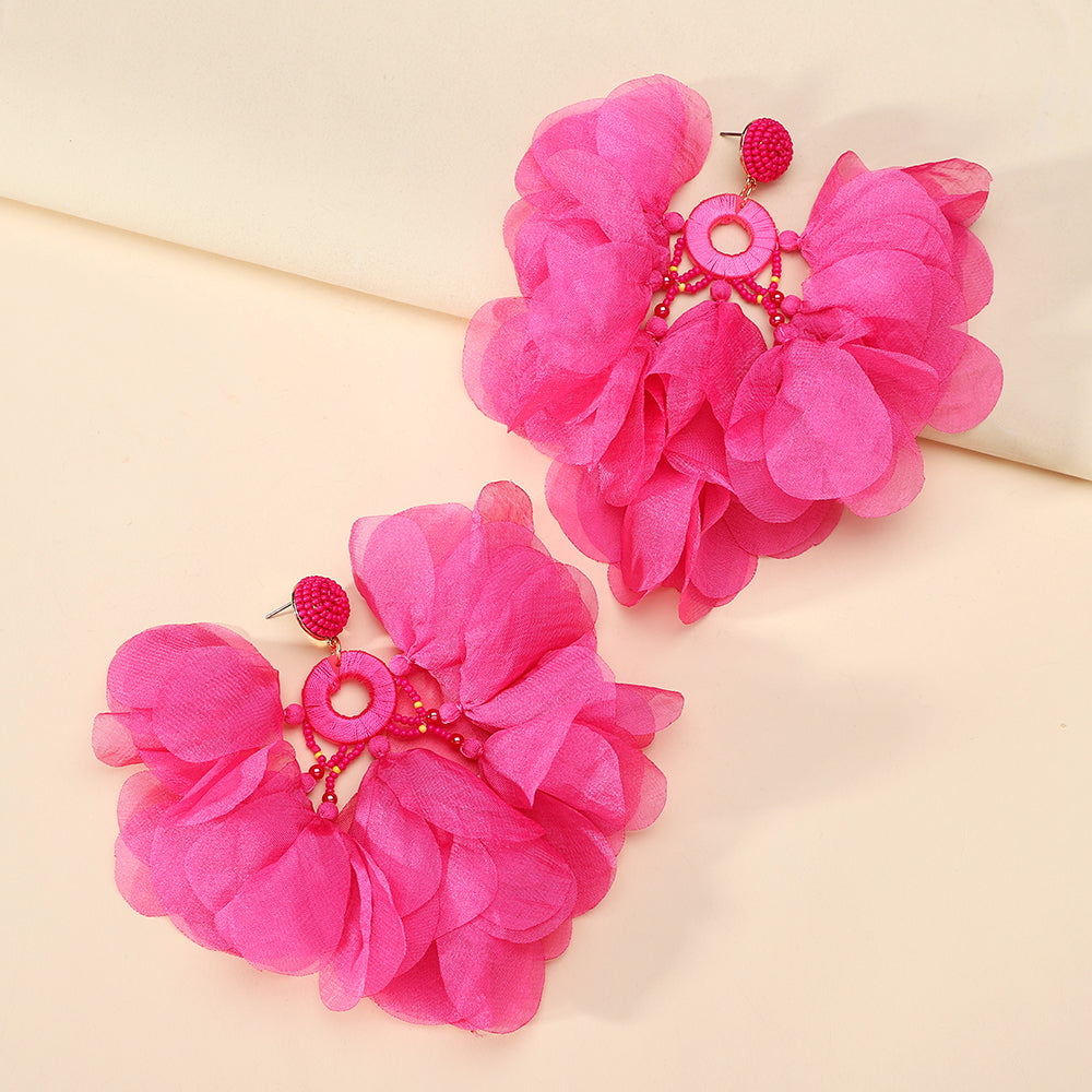 Boucles d'oreilles pendantes bohèmes faites à la main avec perles et fleurs en mousseline pour femmes, bijoux fantaisie pour vacances tropicales